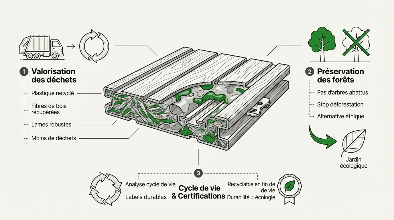 Infographie montrant le processus de recyclage des lames en bois composite Neowood