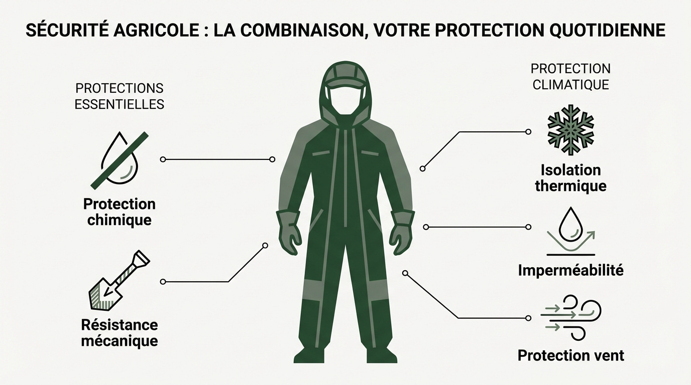 Agriculteur portant une combinaison de protection intégrale dans une exploitation