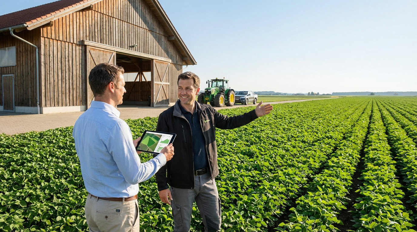 Deux hommes discutent d'une vente d'exploitation agricole. L'un consulte une tablette, l'autre pointe les champs.