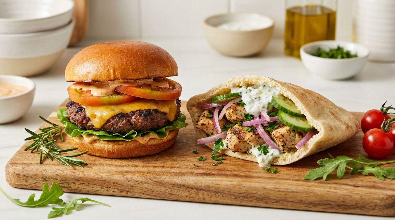 Un burger au fromage et un sandwich kebab au poulet sur une planche en bois, entourés d'ingrédients frais.