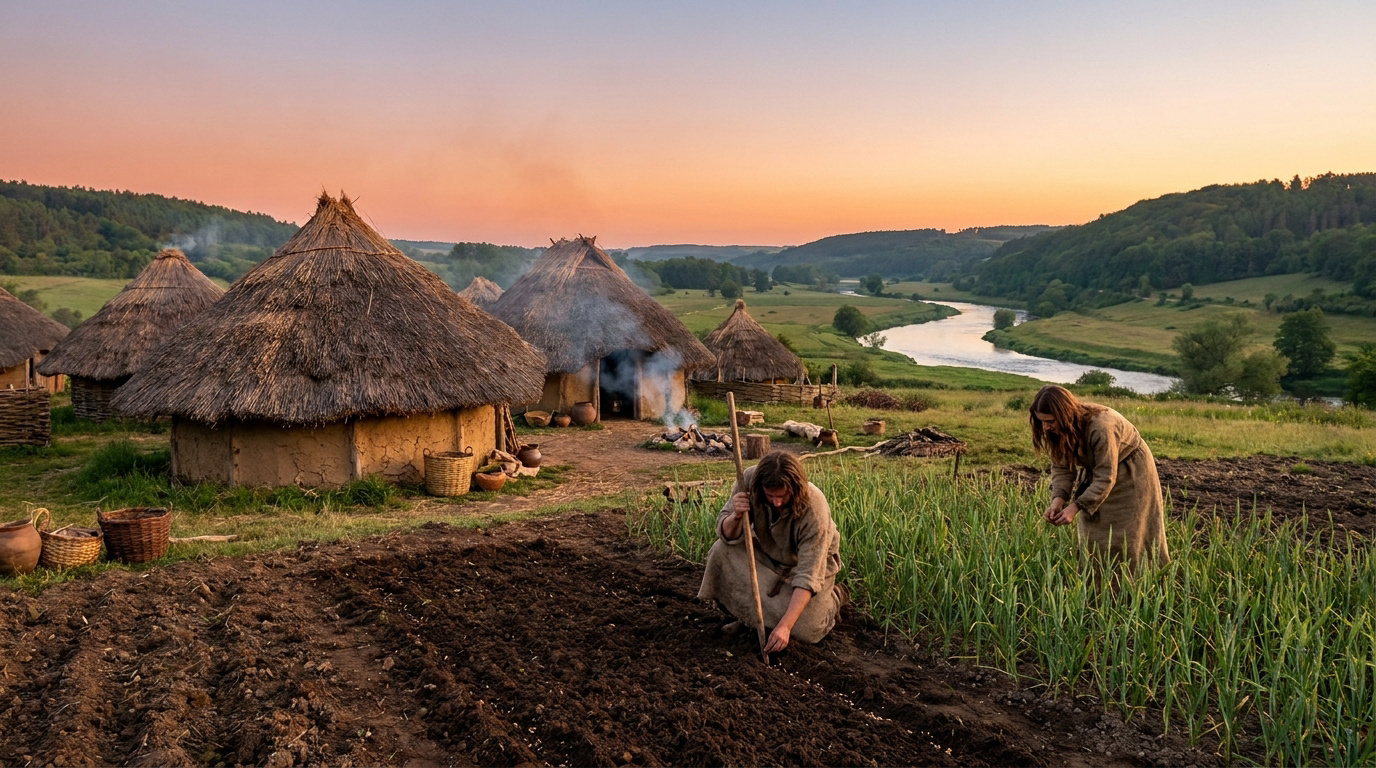 Un couple travaille dans un champ devant un village néolithique de maisons à toit de chaume au coucher du soleil.