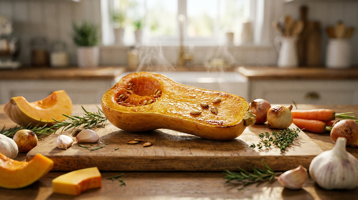Une moitié de courge butternut fumante sur une planche en bois, entourée d'aromates, d'ail, d'oignons et de carottes.