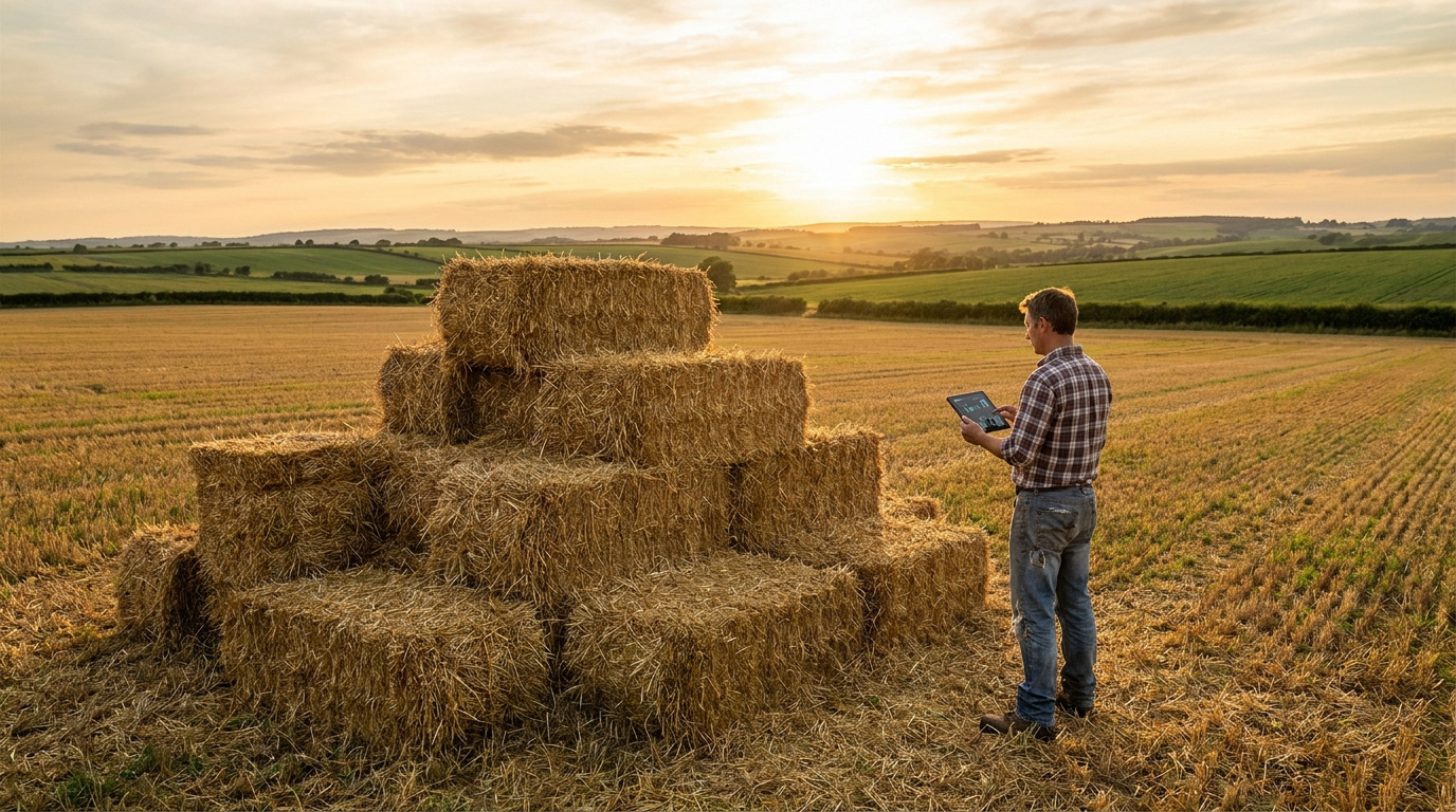 Un agriculteur utilise une tablette numérique devant un tas de bottes de paille dans un champ au coucher du soleil.