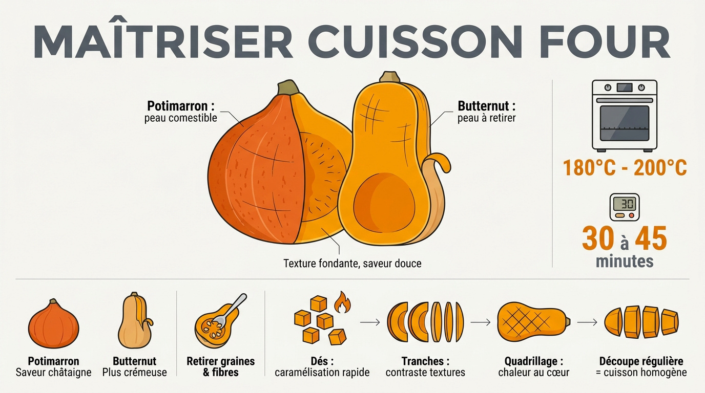Tranches de courge butternut et potimarron assaisonnées prêtes pour une cuisson au four