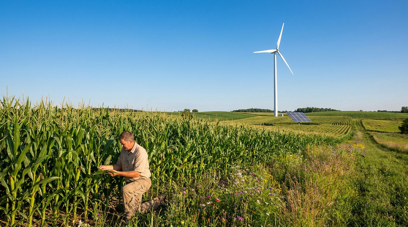 Un agriculteur examine son champ de maïs près d'une éolienne et de panneaux solaires sous un ciel bleu.