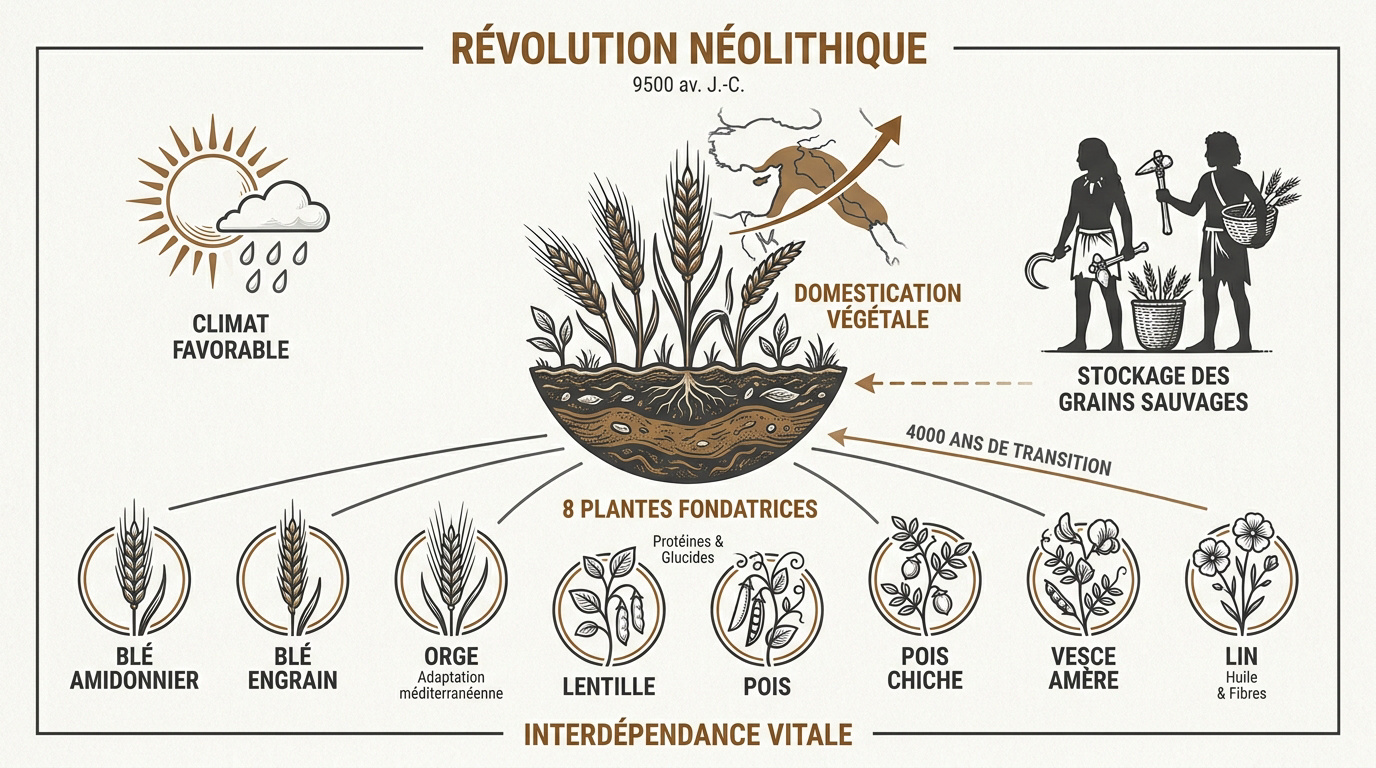 Représentation des premiers agriculteurs du Néolithique récoltant des céréales dans le Croissant fertile