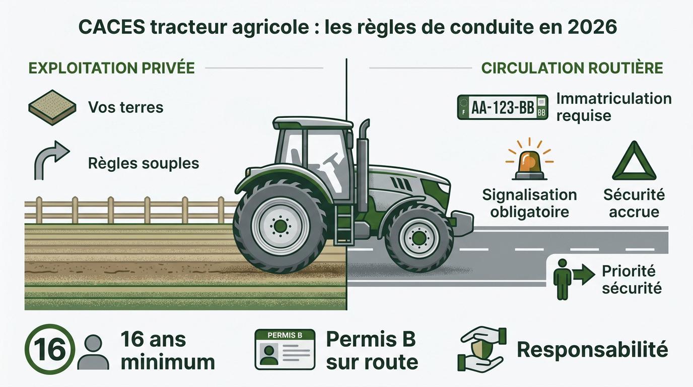 Tracteur agricole moderne circulant sur une exploitation avec équipements de sécurité