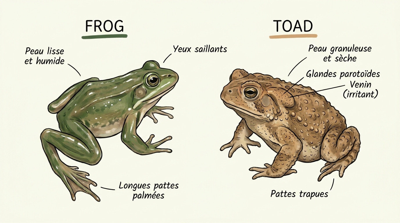 Comparaison morphologique entre la peau lisse d'une grenouille et la peau granuleuse d'un crapaud