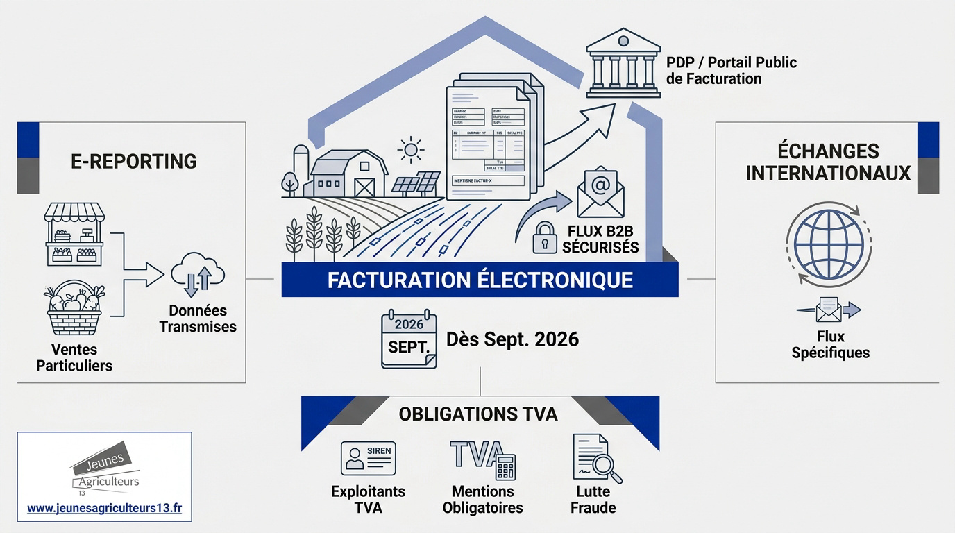 Infographie détaillant les échéances et le fonctionnement de la facturation électronique pour les exploitations agricoles en 2026