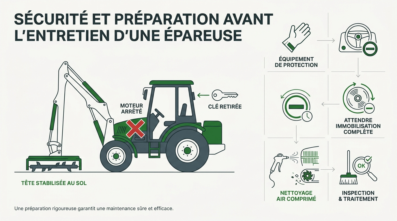 Technicien agricole sécurisant une épareuse avant maintenance