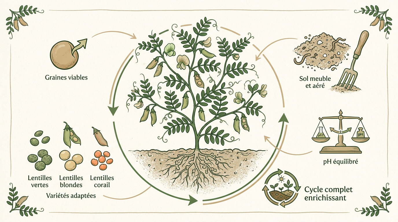 Schéma du cycle de culture des lentilles montrant le semis et l'enrichissement du sol