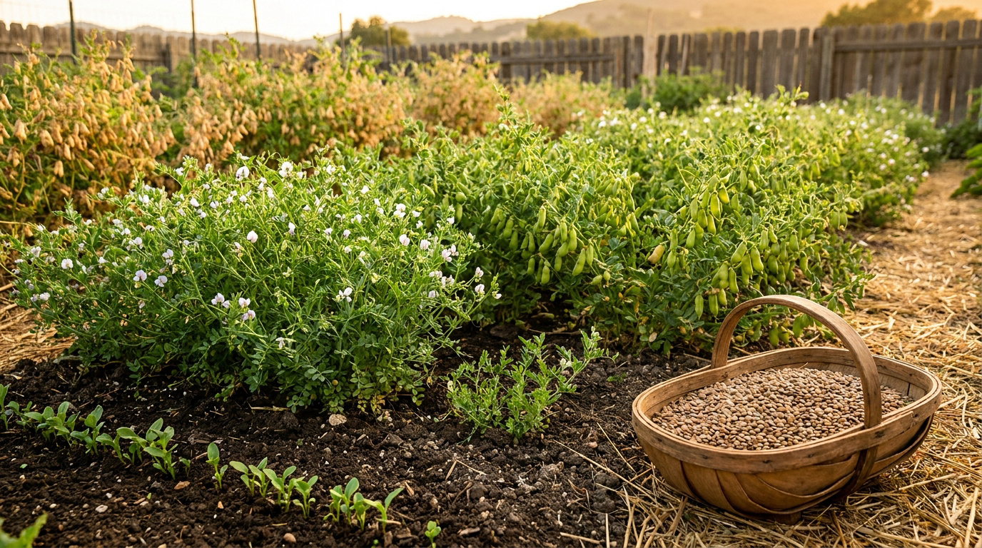 Panier de lentilles sèches dans un potager avec des plants de lentilles en fleur et en gousses à différents stades.